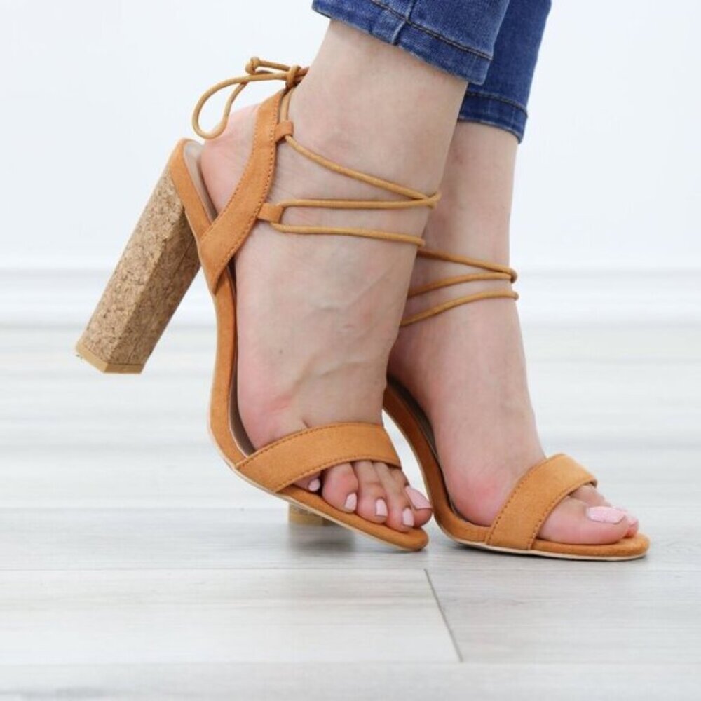 Faux Suede Criss Cross Ankle Laces Cork High Heel